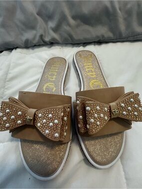 Juicy Couture Tan Bow Slide Mules with Pearl & Stud Accents
